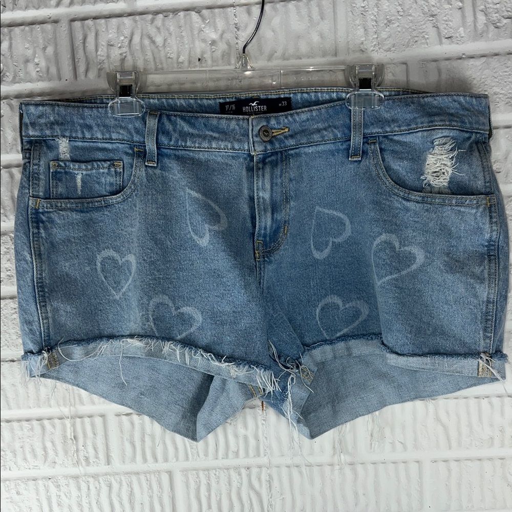 Hollister Light Blue Denim Heart-Print Cutoff Shorts